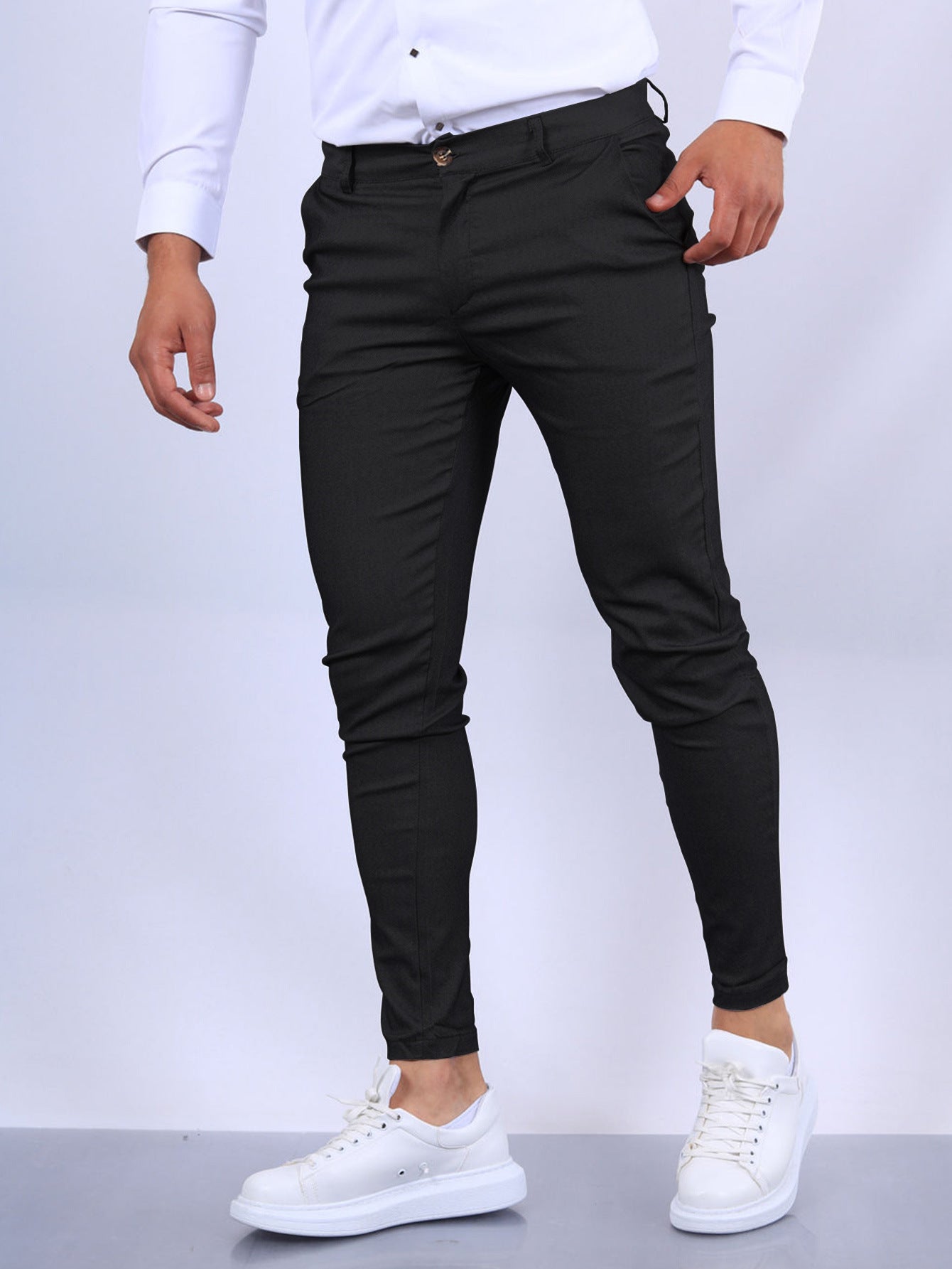 Men's Slim Fit Button Trousers – Versatile Solid Color Office & Casual Pencil Pants
