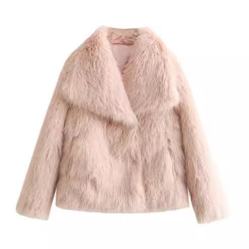 Women's Winter Plush Coat – Thick Lapel Casual Outerwear with Long Sleeves