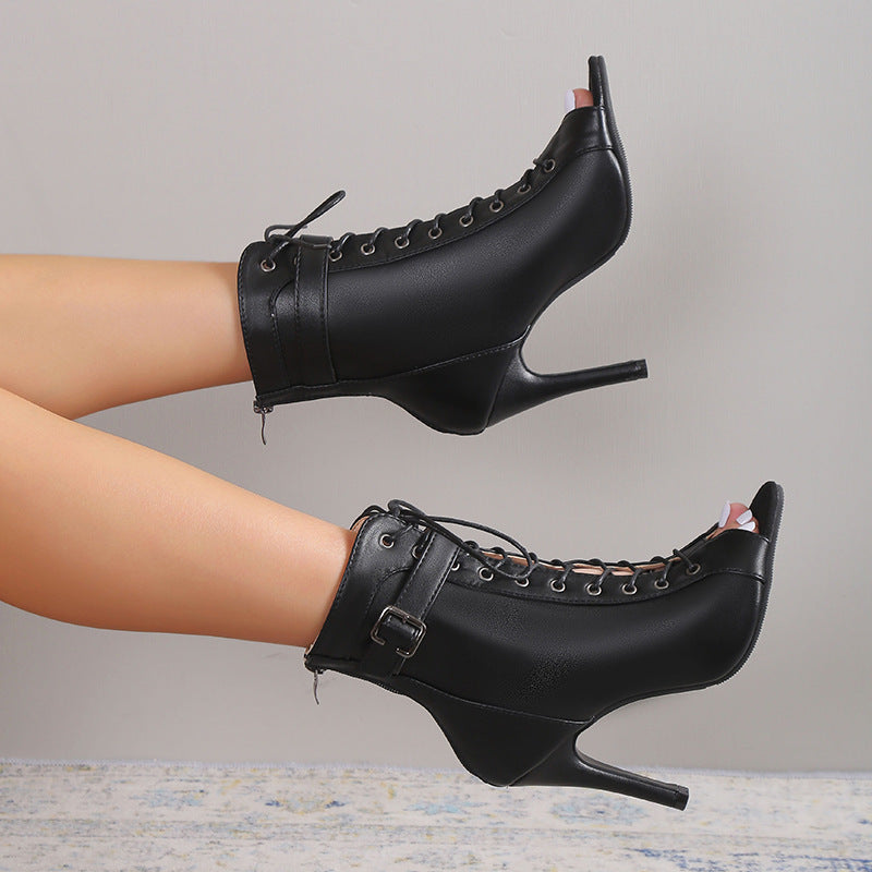 Women’s Peep Toe High Heel Sandals – Lace-Up Buckle Pumps with Back Zipper Design