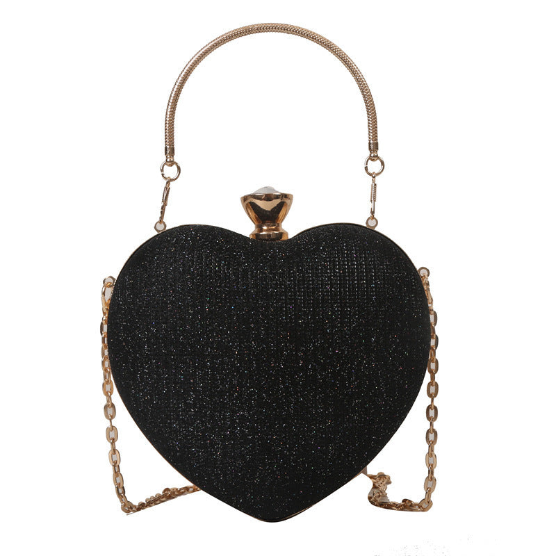 Heart-Shaped Evening Clutch Bag for Women – Shiny Metal Handbag with Chain Strap, Luxury Crossbody Purse for Parties