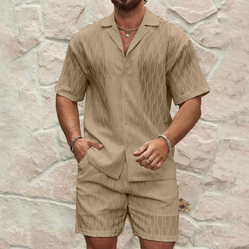 Men's Summer Tracksuit Set – Casual Solid Color Button Shirt & Shorts Outfit for Beach & Holiday Wear