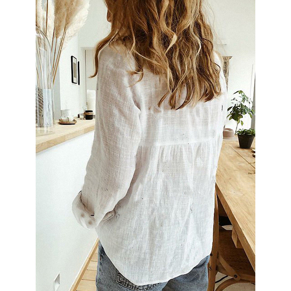 Women’s Long Sleeve Lapel Shirt – Solid Color Button-Up Fashion Top