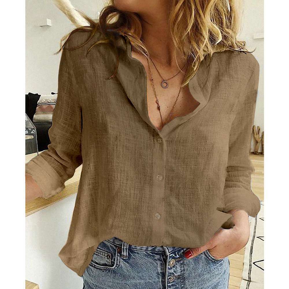 Women’s Long Sleeve Lapel Shirt – Solid Color Button-Up Fashion Top