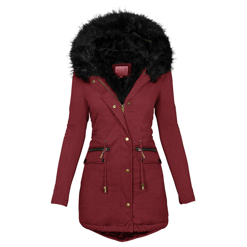 Women’s Mid-Length Warm Cotton Coat – Solid Color Hooded Jacket with Fur Collar