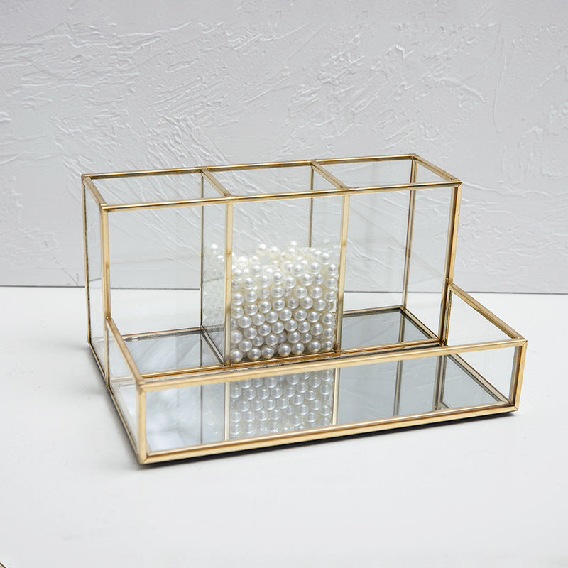 Luxury Glass Makeup Organizer – Bathroom Vanity Storage Box with Gold Metal Frame