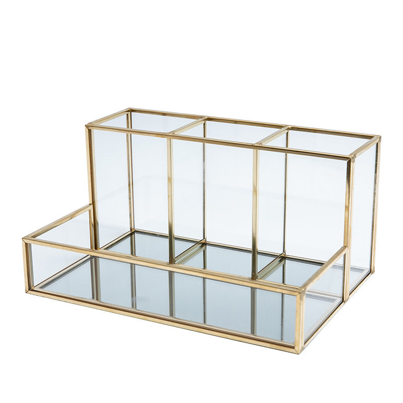 Luxury Glass Makeup Organizer – Bathroom Vanity Storage Box with Gold Metal Frame