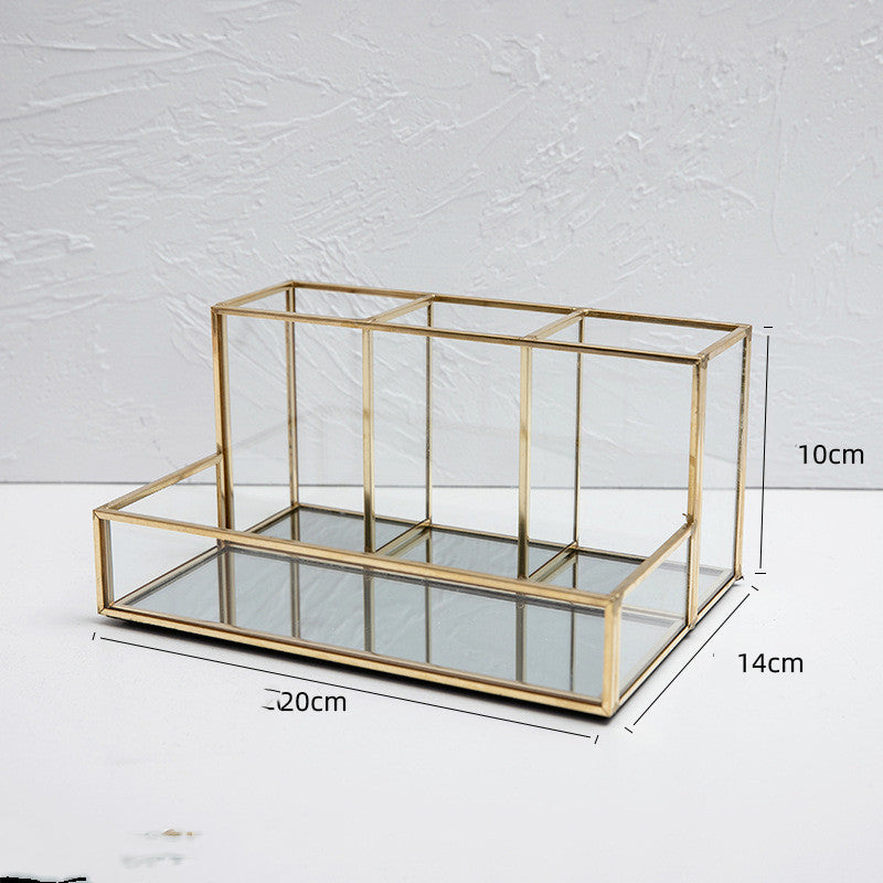 Luxury Glass Makeup Organizer – Bathroom Vanity Storage Box with Gold Metal Frame