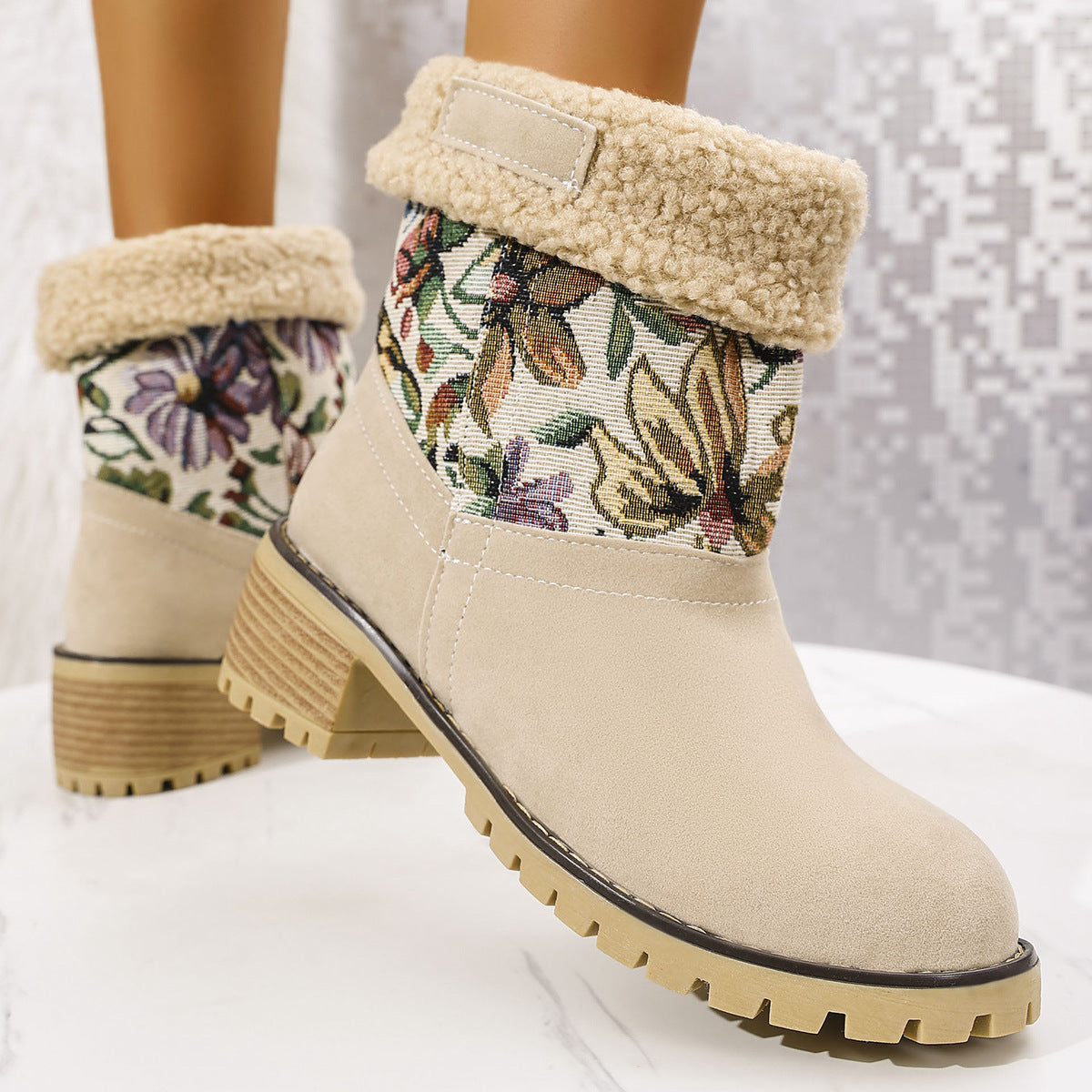 Women's Embroidered Ethnic Snow Boots – Warm Mid-Calf Winter Shoes with Platform & Thick Heel