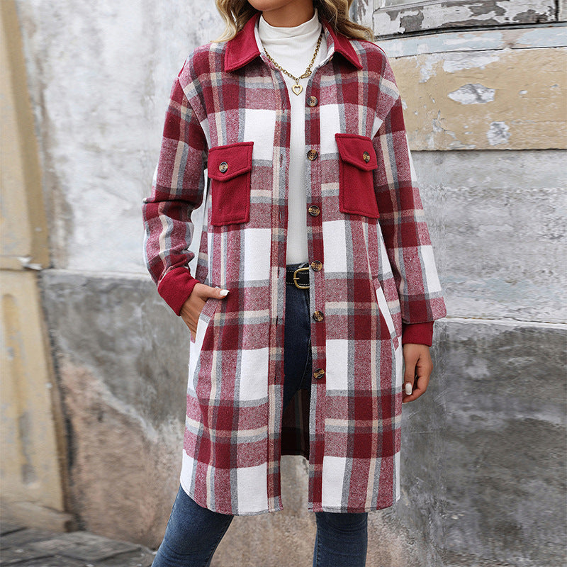 Women's Brushed Plaid Long Winter Coat – Stylish Warm Jacket with Pockets