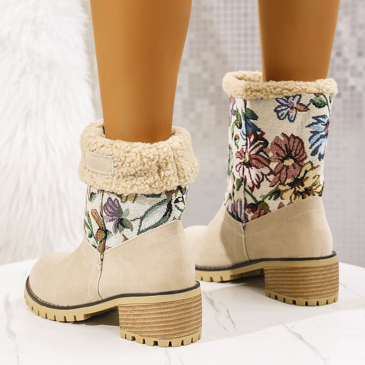 Women's Embroidered Ethnic Snow Boots – Warm Mid-Calf Winter Shoes with Platform & Thick Heel
