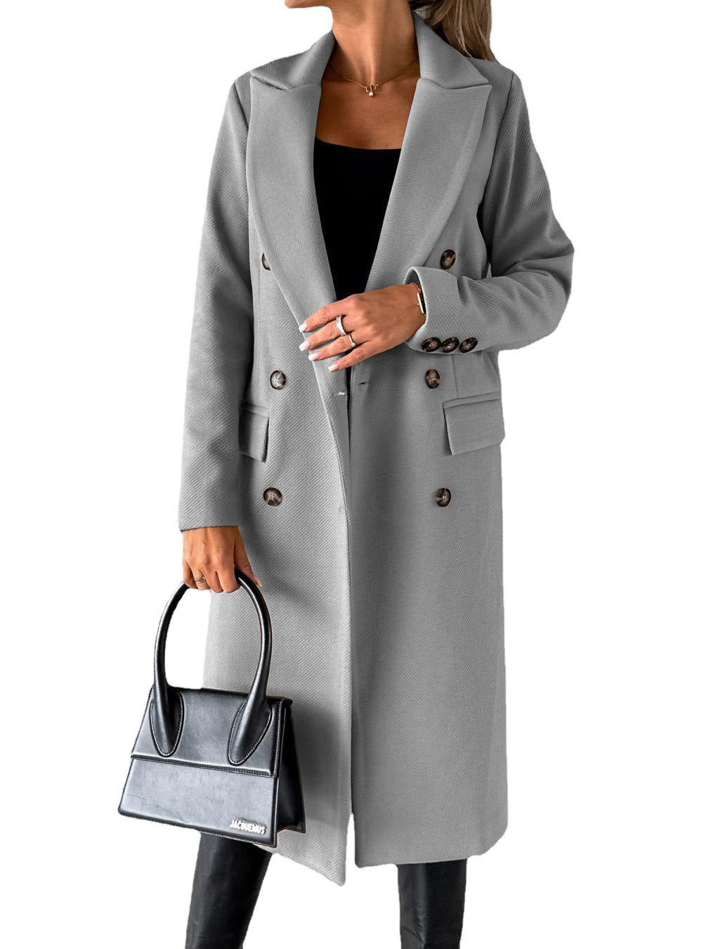 Women's Long Double-Breasted Winter Coat – Slim Fit Lapel Jacket with Long Sleeves