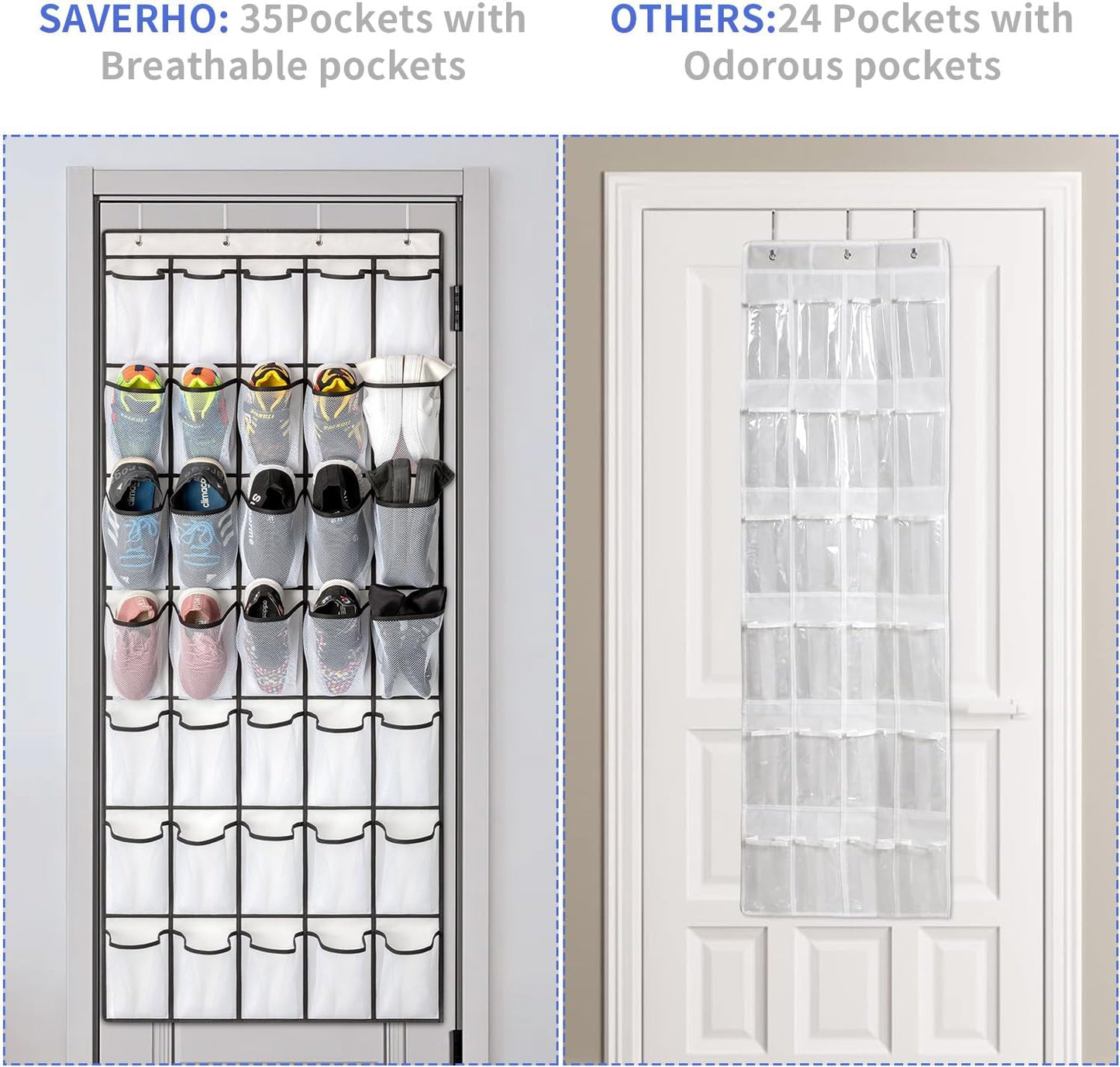 35 Pockets over the Door Shoe Organizer, Hanging Shoe Organizer for Door Large Capacity Shoe Storage Bag with 4 Metal Hooks (White-1Pack)