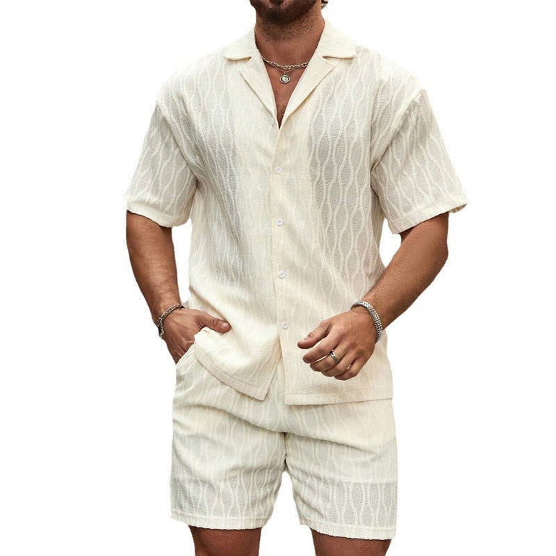 Men's Summer Tracksuit Set – Casual Solid Color Button Shirt & Shorts Outfit for Beach & Holiday Wear