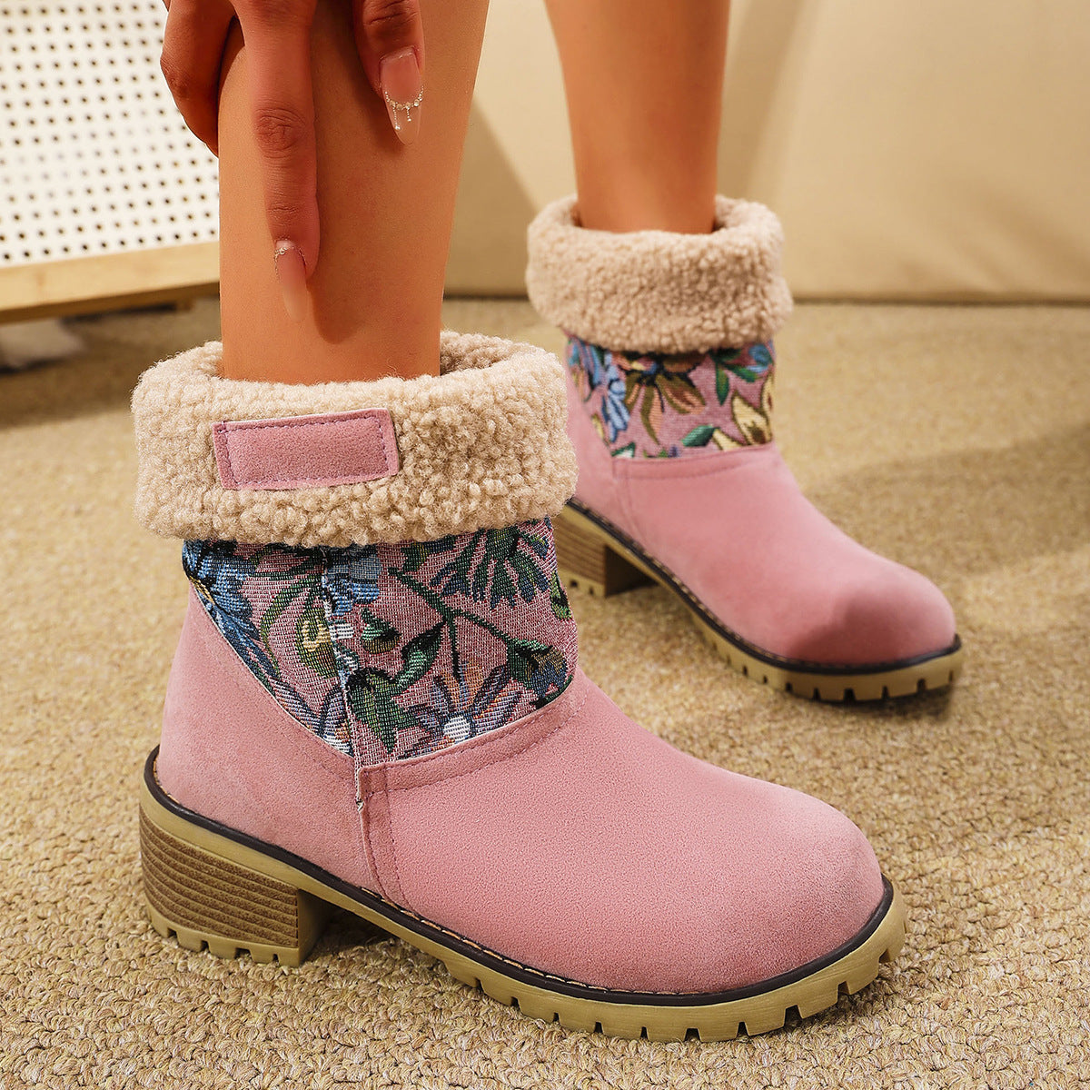 Women's Embroidered Ethnic Snow Boots – Warm Mid-Calf Winter Shoes with Platform & Thick Heel