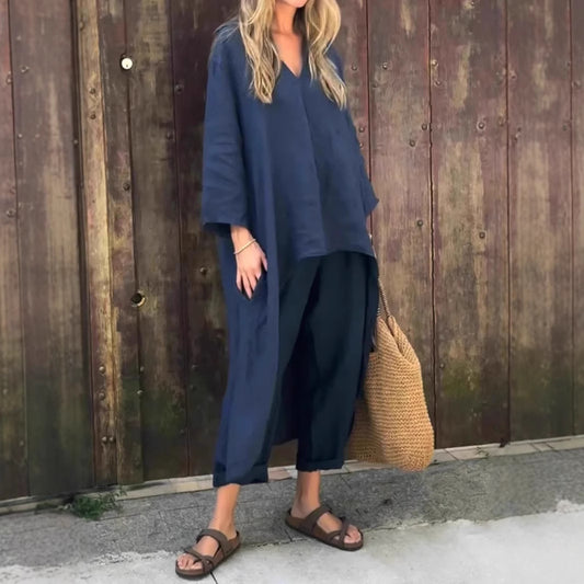 2-Piece Women’s V-Neck Suit Set – Long Sleeve Top & High-Waisted Wide Leg Pants with Pockets