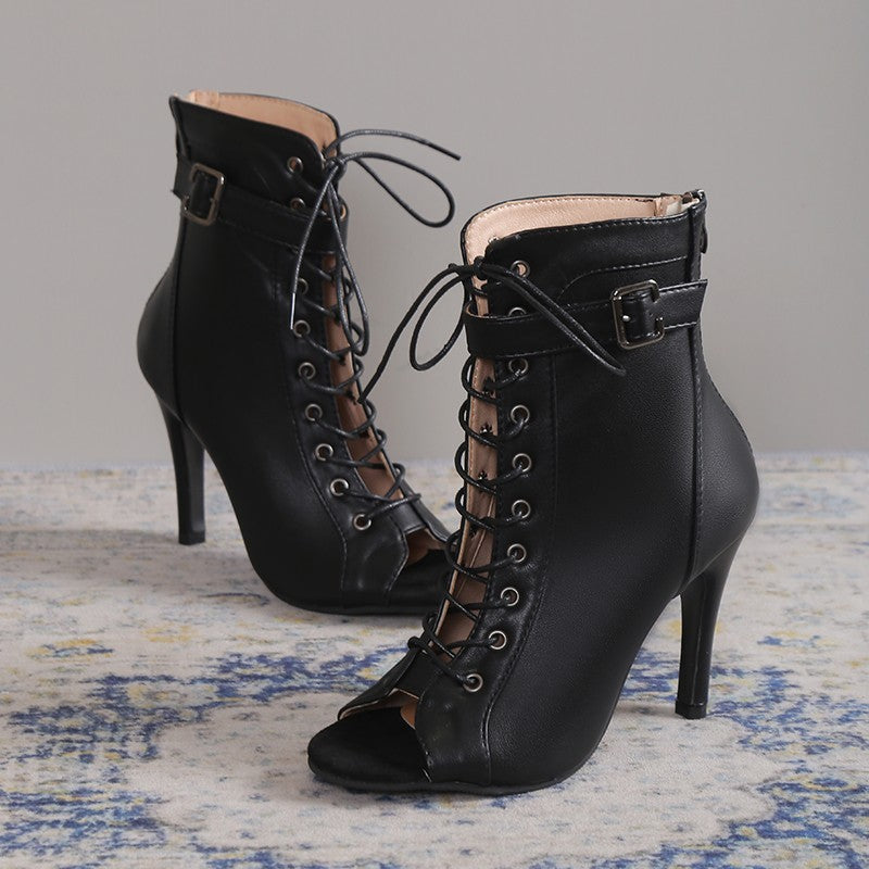 Women’s Peep Toe High Heel Sandals – Lace-Up Buckle Pumps with Back Zipper Design