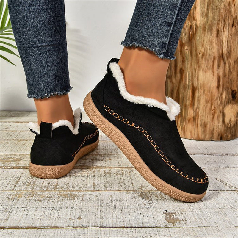 Women's V-Cut Plush Ankle Snow Boots – Warm Suede Flat Winter Shoes with Velvet Lining
