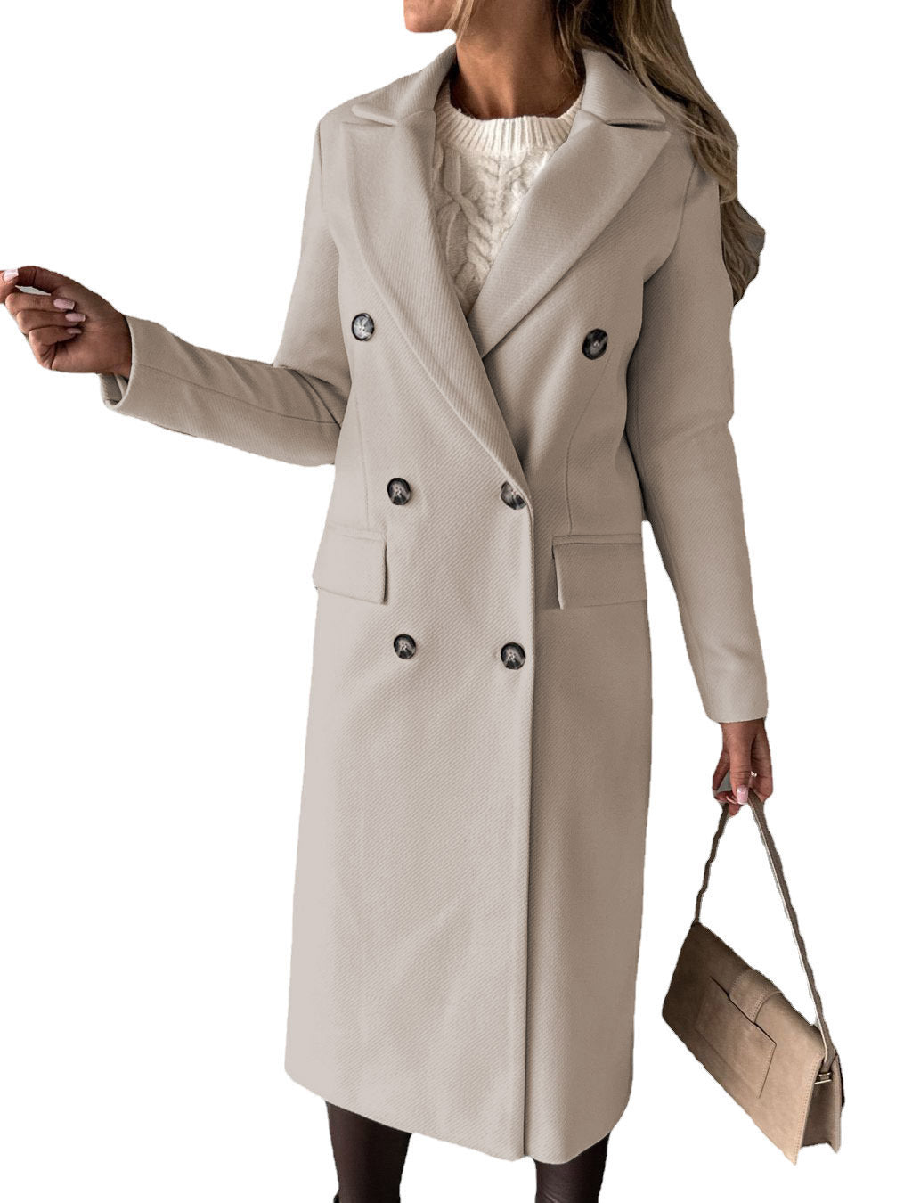 Women's Long Double-Breasted Winter Coat – Slim Fit Lapel Jacket with Long Sleeves