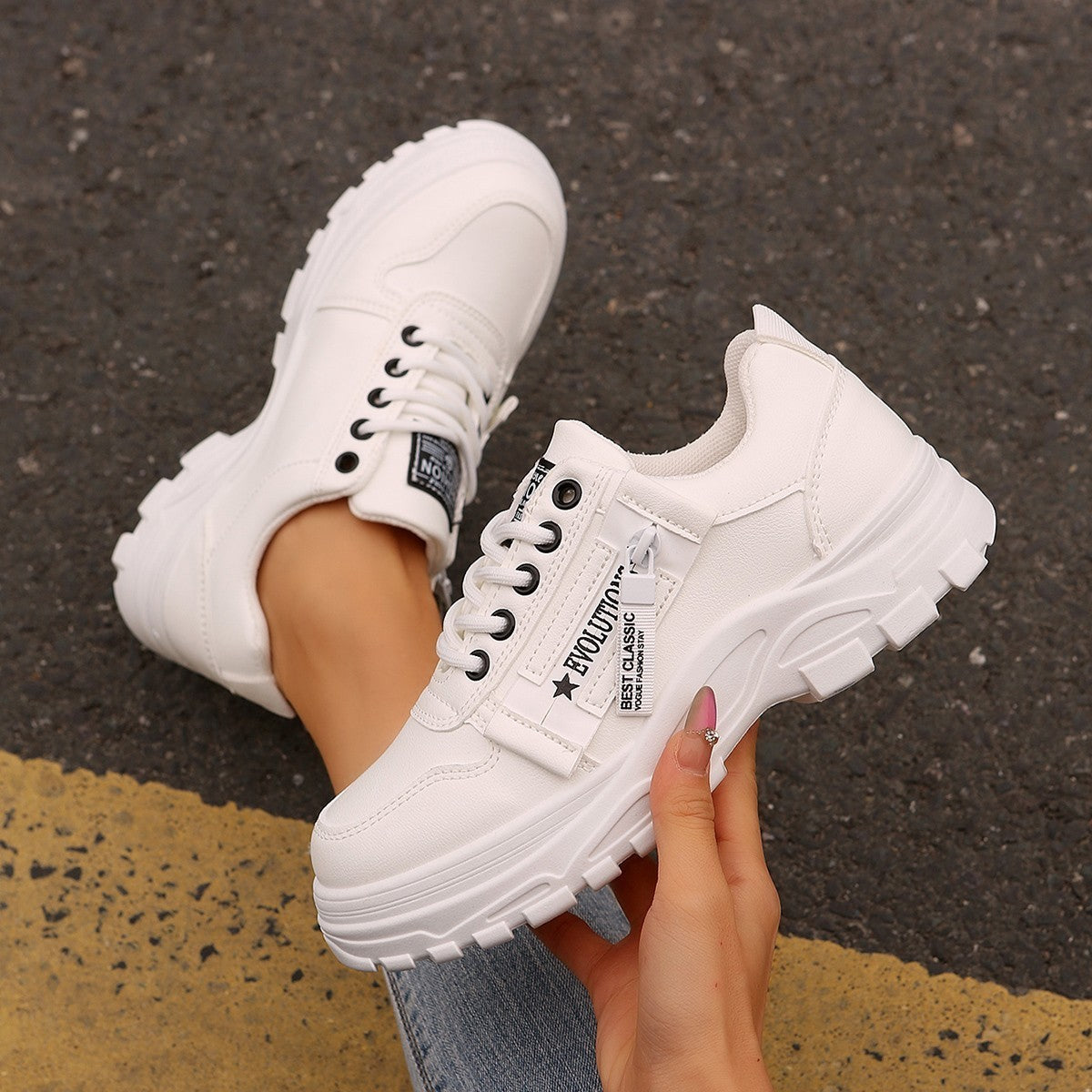 Women's Lace-Up Sports Sneakers – Thick-Soled Round Toe Shoes with Side-Zipper Design