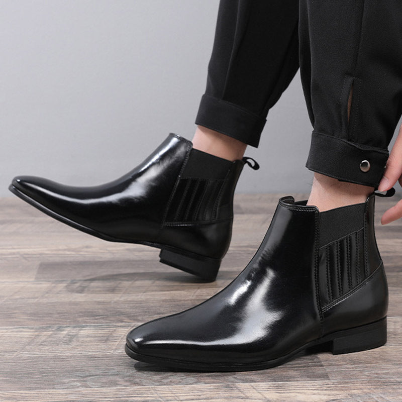 Men's Pointed Toe Chelsea Boots – British Style Formal Leather Dress Shoes with Square Heel
