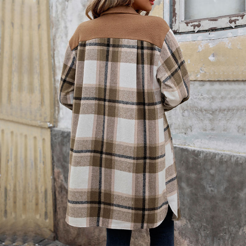 Women's Brushed Plaid Long Winter Coat – Stylish Warm Jacket with Pockets