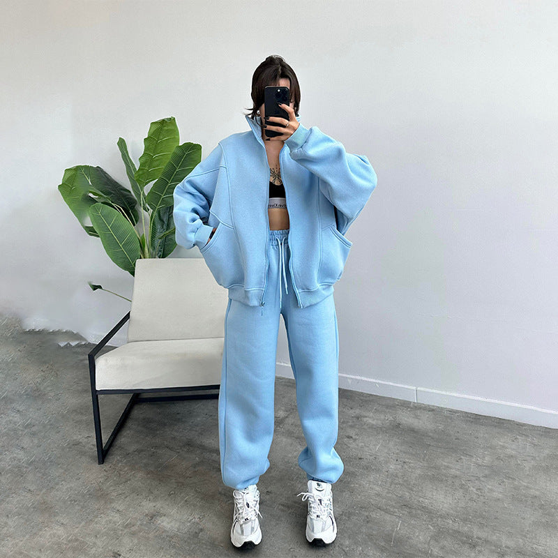 Women's Jogger Tracksuit Set – Zipper Stand Collar Cardigan & Drawstring Pants with Pockets