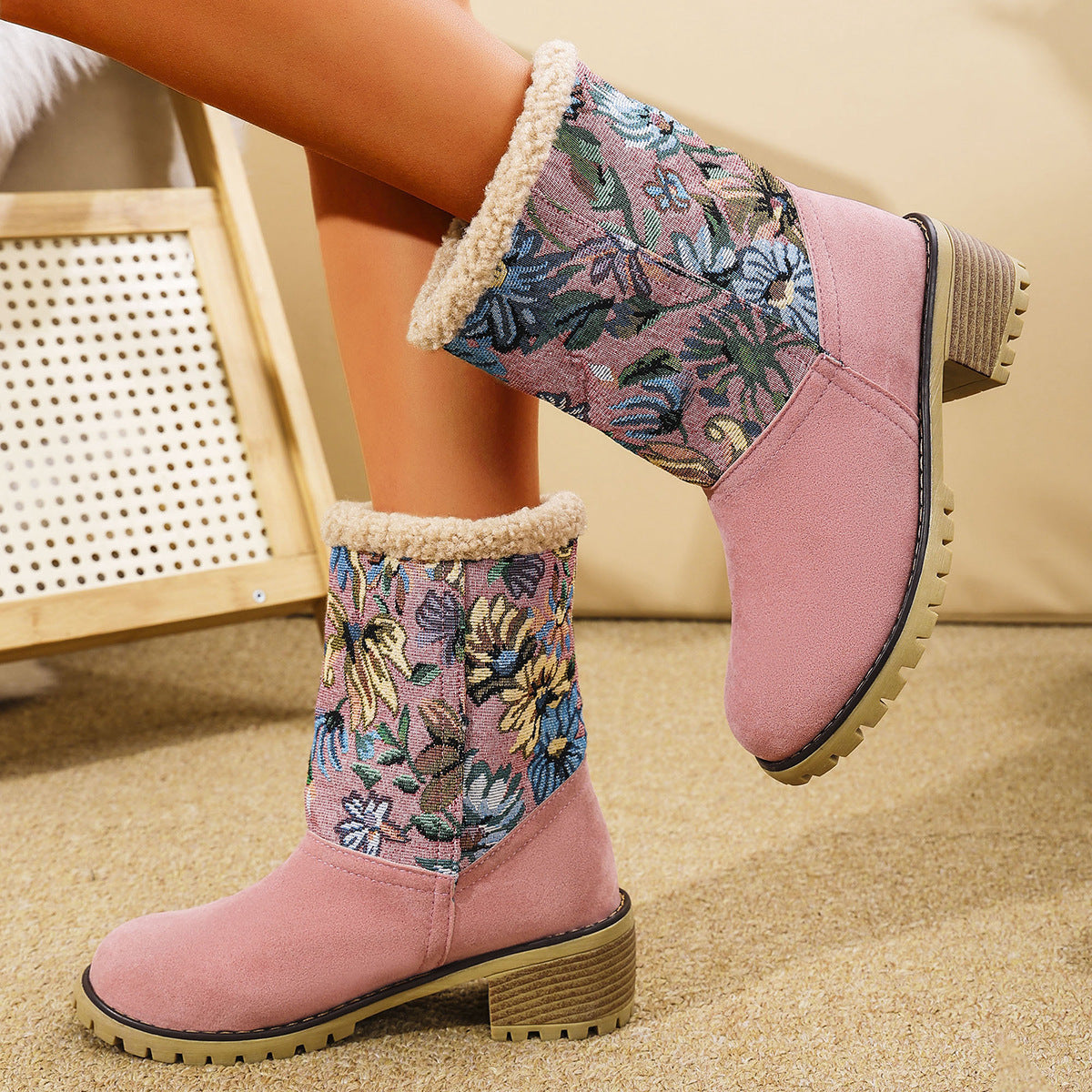 Women's Embroidered Ethnic Snow Boots – Warm Mid-Calf Winter Shoes with Platform & Thick Heel