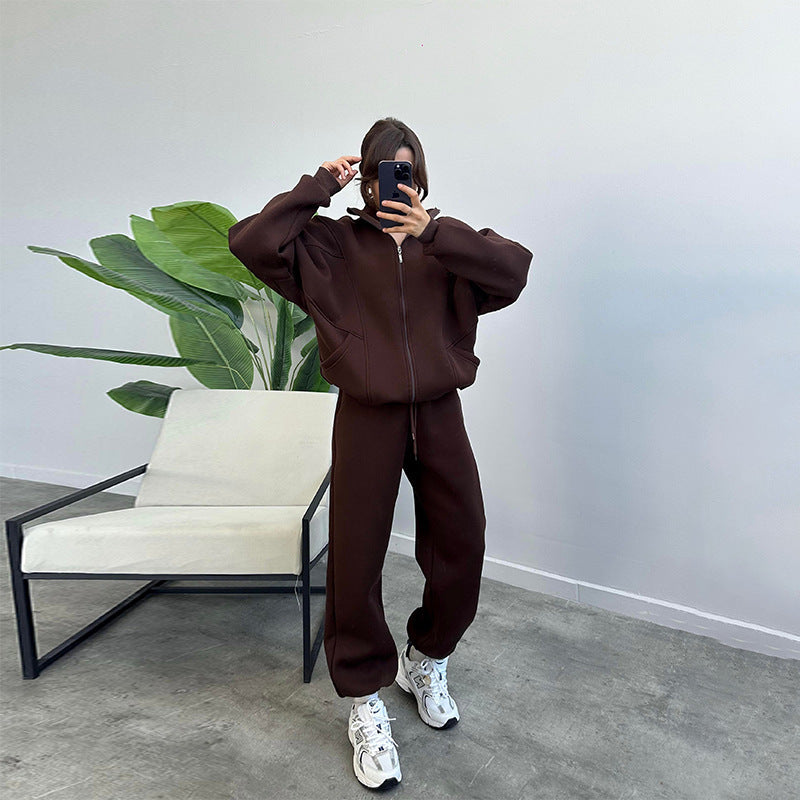 Women's Jogger Tracksuit Set – Zipper Stand Collar Cardigan & Drawstring Pants with Pockets