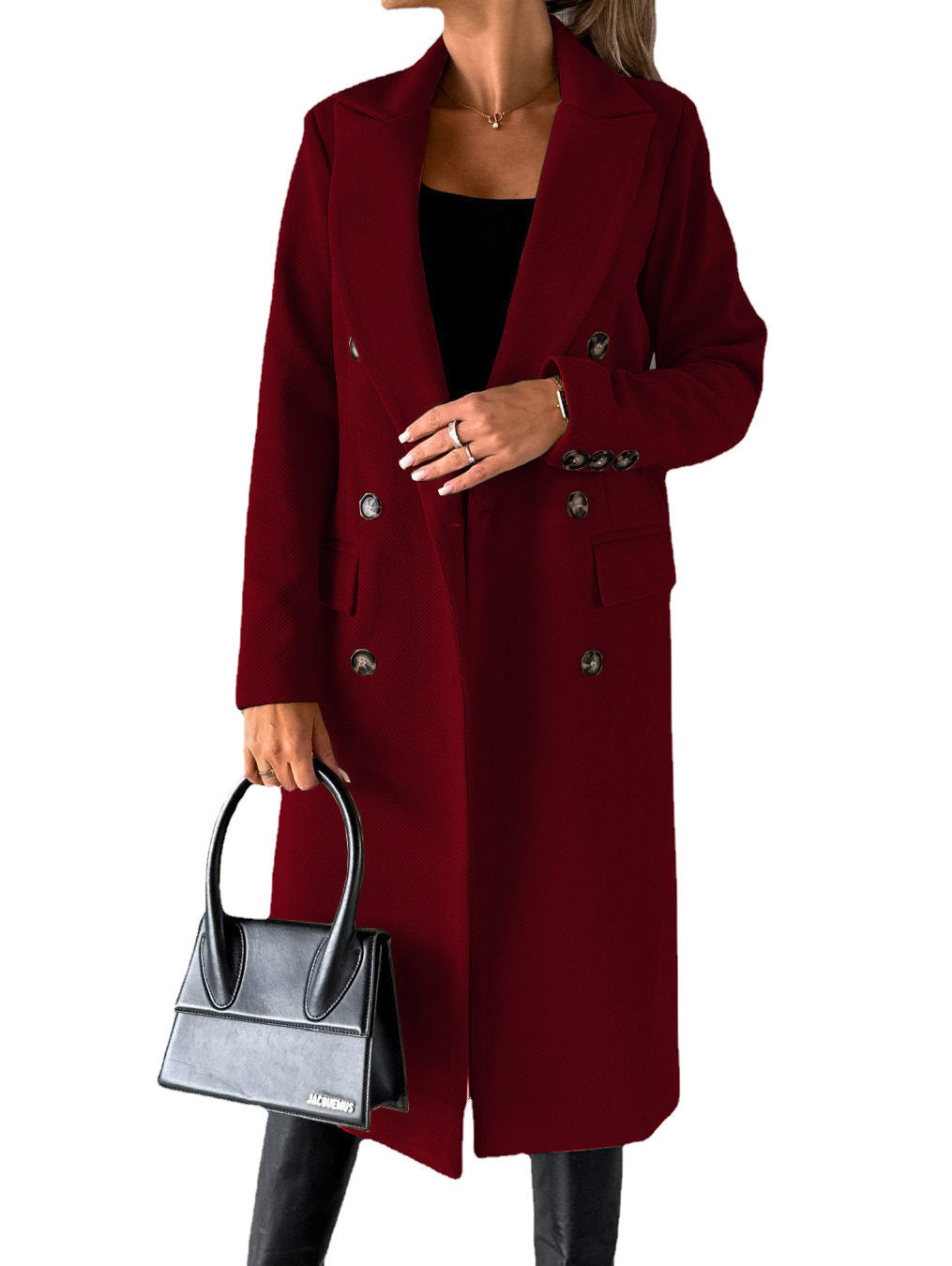 Women's Long Double-Breasted Winter Coat – Slim Fit Lapel Jacket with Long Sleeves