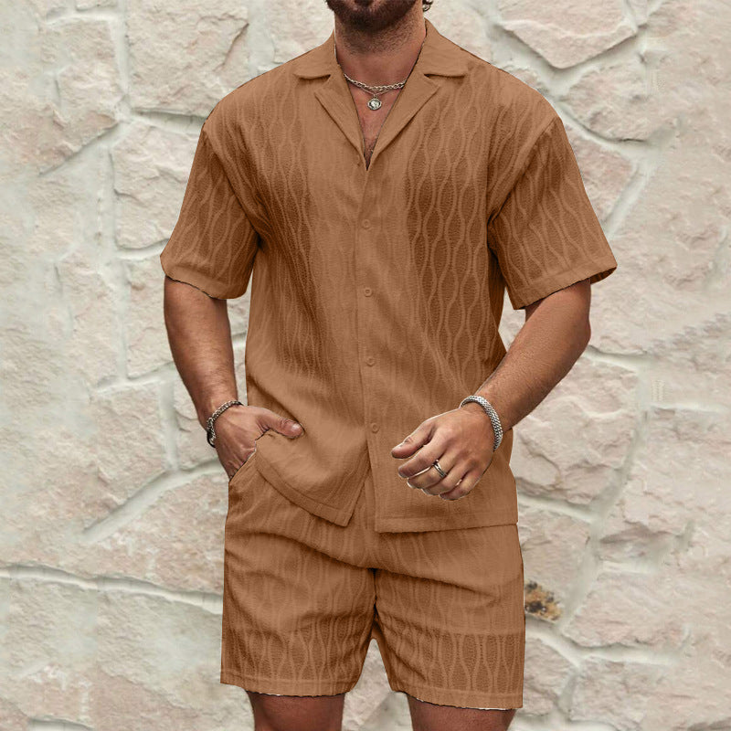 Men's Summer Tracksuit Set – Casual Solid Color Button Shirt & Shorts Outfit for Beach & Holiday Wear