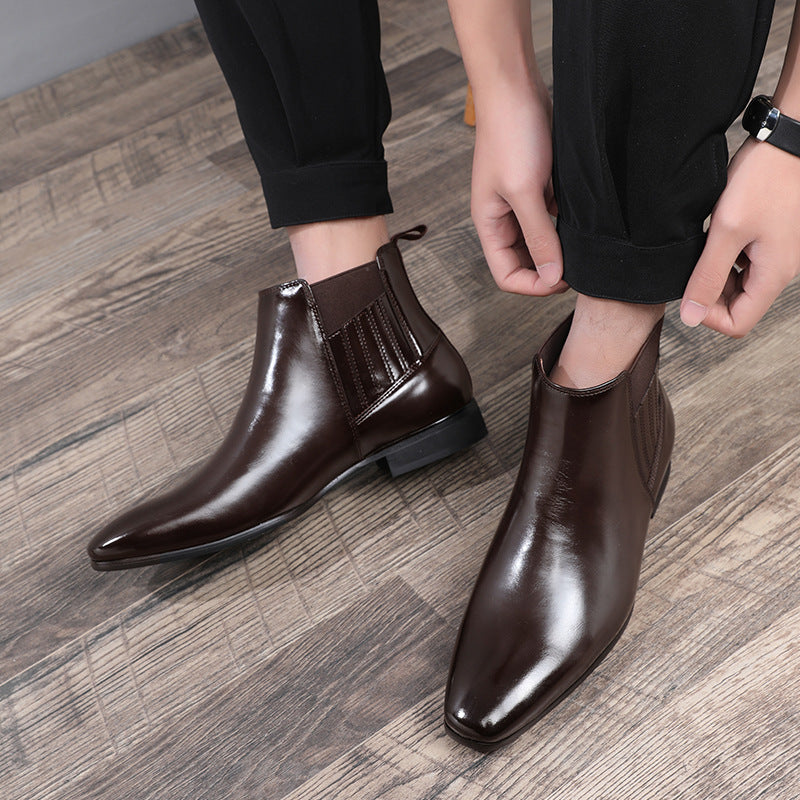 Men's Pointed Toe Chelsea Boots – British Style Formal Leather Dress Shoes with Square Heel