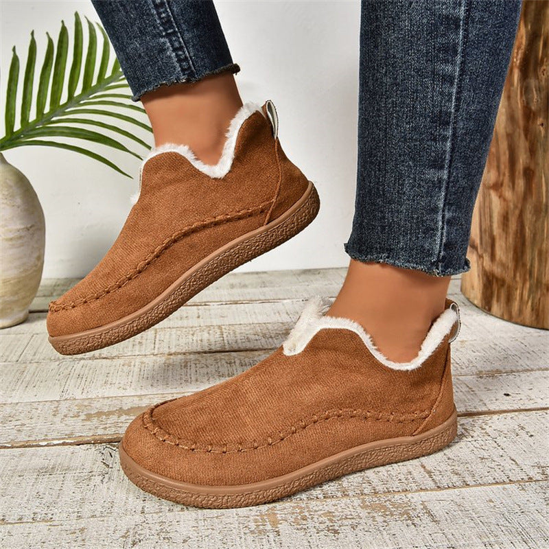 Women's V-Cut Plush Ankle Snow Boots – Warm Suede Flat Winter Shoes with Velvet Lining