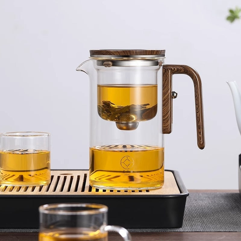 Magnetic Glass Teapot with One-Click Separation – Wood Handle & Built-In Filter for Loose Leaf Tea