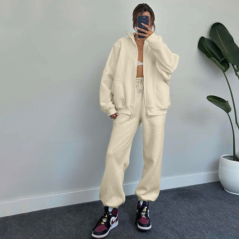 Women's Jogger Tracksuit Set – Zipper Stand Collar Cardigan & Drawstring Pants with Pockets