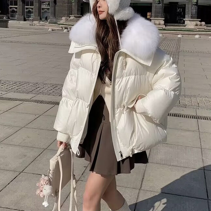 Women's Short Down Cotton-Padded Jacket – Thick Winter Coat with Fur Collar