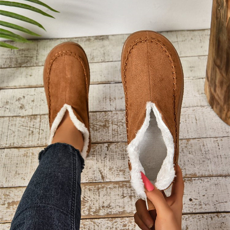 Women's V-Cut Plush Ankle Snow Boots – Warm Suede Flat Winter Shoes with Velvet Lining