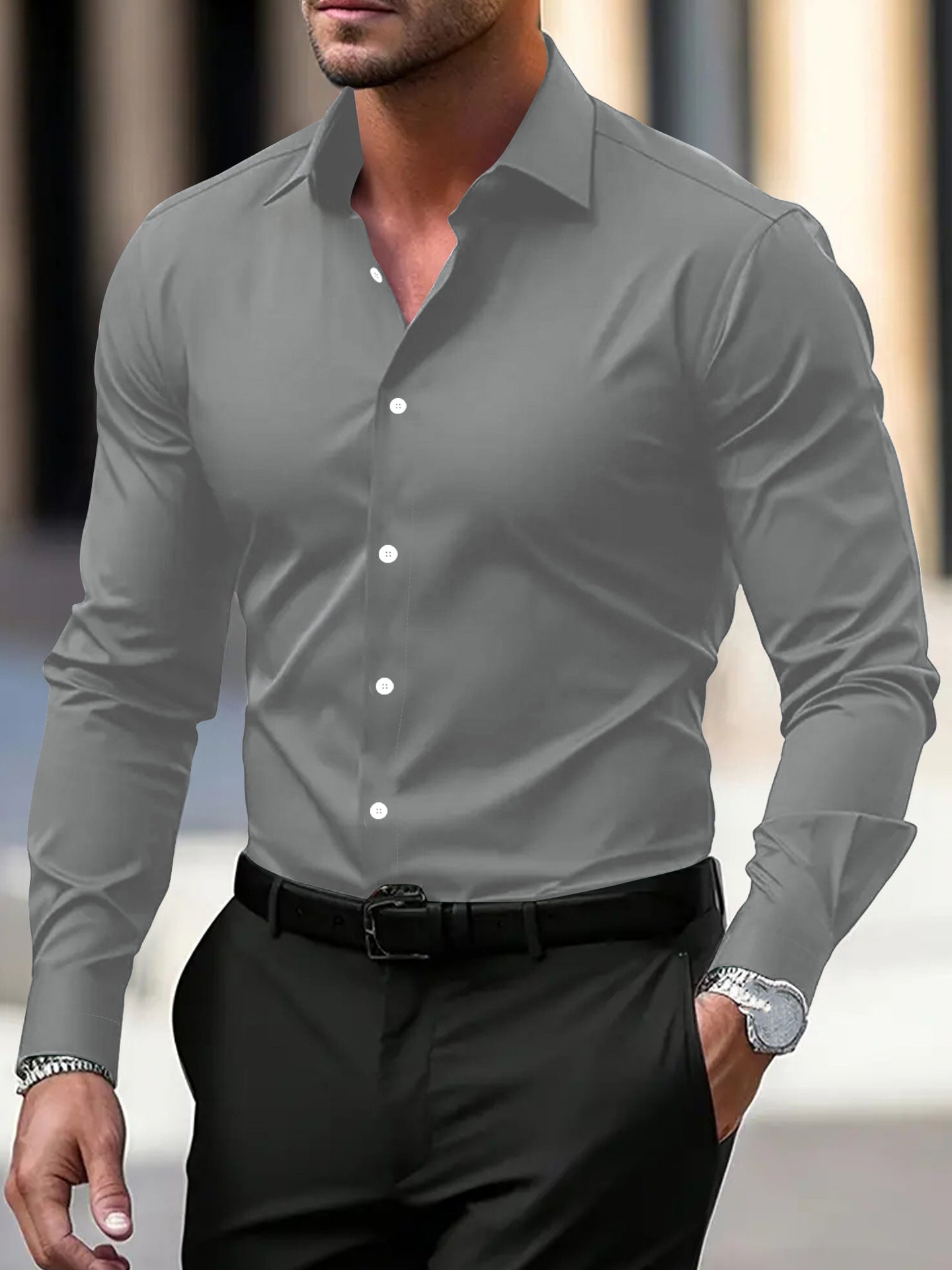 Men’s Long Sleeve Button-Down Shirt – Solid Color Business Casual Lapel Top