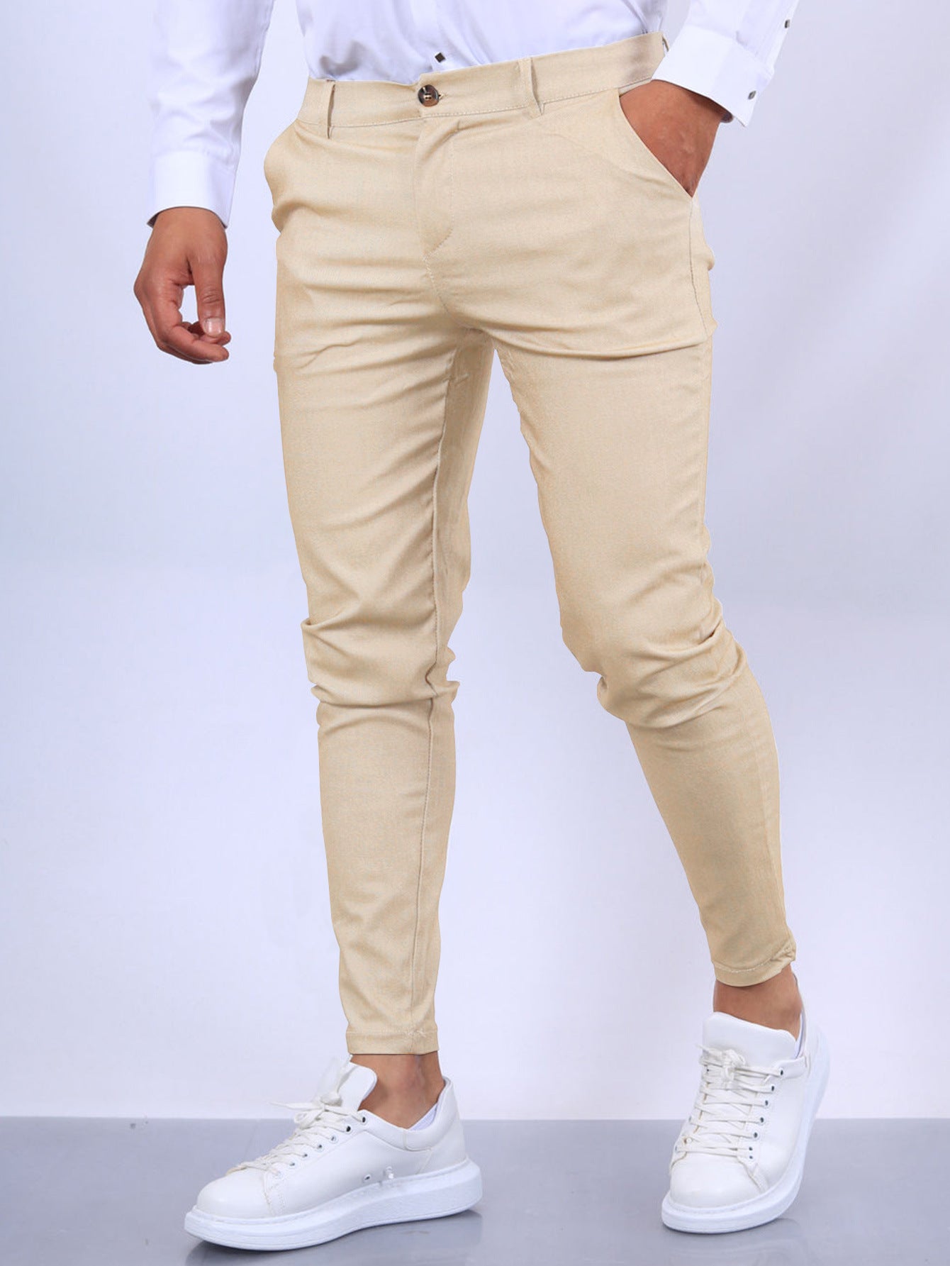 Men's Slim Fit Button Trousers – Versatile Solid Color Office & Casual Pencil Pants