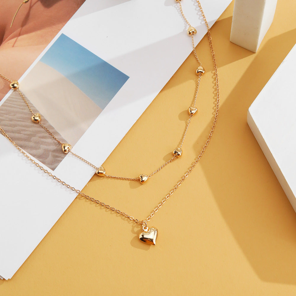 Double-Layer Heart Pendant Necklace – Gold Multilayer Fine Chain Jewelry for Women