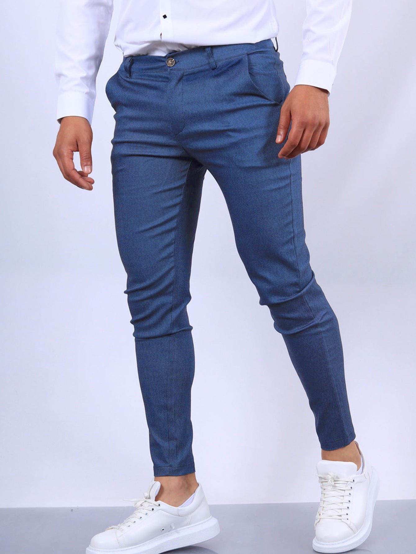 Men's Slim Fit Button Trousers – Versatile Solid Color Office & Casual Pencil Pants