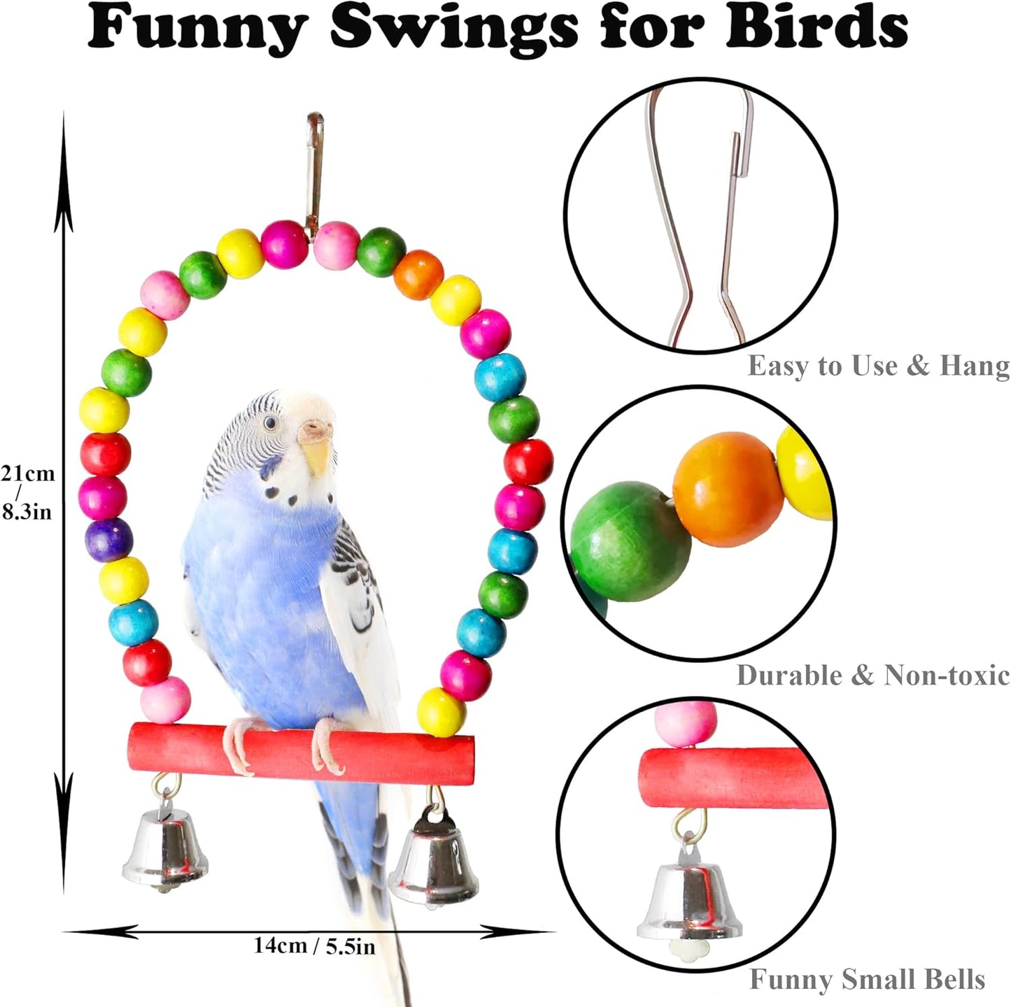 8 Pcs Bird Parakeet Cockatiel Parrot Toys, Hanging Bell Pet Bird Cage Hammock Swing Climbing Ladders Toy Wooden Perch Chewing Toy for Small Parrots, Conures, Love Birds, Finche