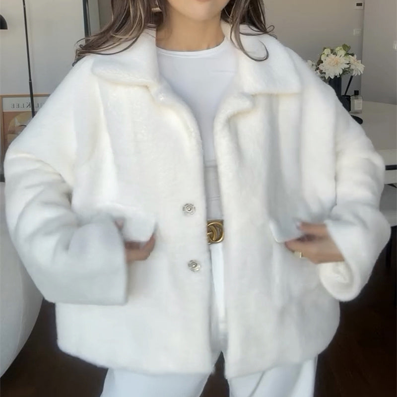 Women's Plush Fleece Winter Jacket – Loose Lapel Short Coat