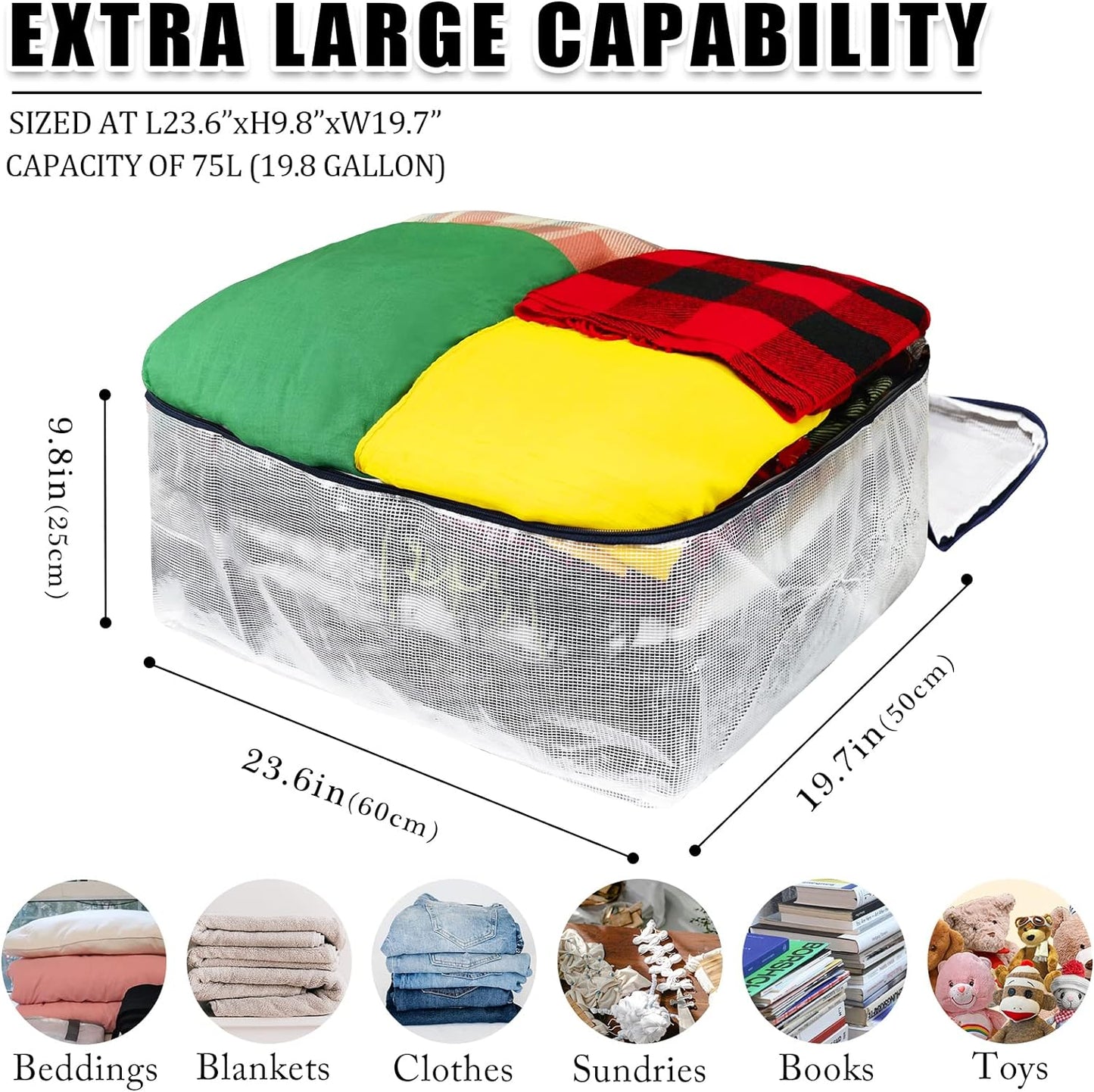 Clear Storage Bags with Zipper, 75L Extra Large Capacity - Closet, Underbed Storage Organizer for Clothes, Bedding, Comforter, Toys, Pillow & Blanket, 3 Pack