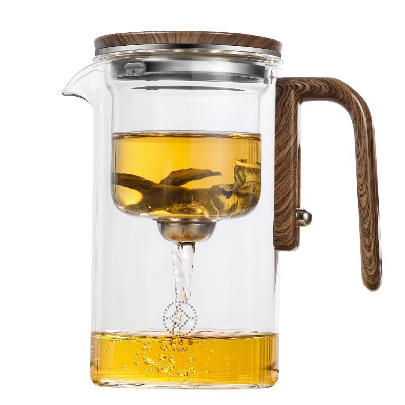 Magnetic Glass Teapot with One-Click Separation – Wood Handle & Built-In Filter for Loose Leaf Tea