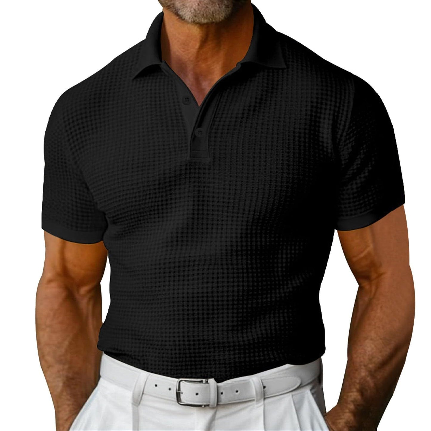Men’s Waffle Knit Polo Shirt – Short Sleeve Summer Lapel Top