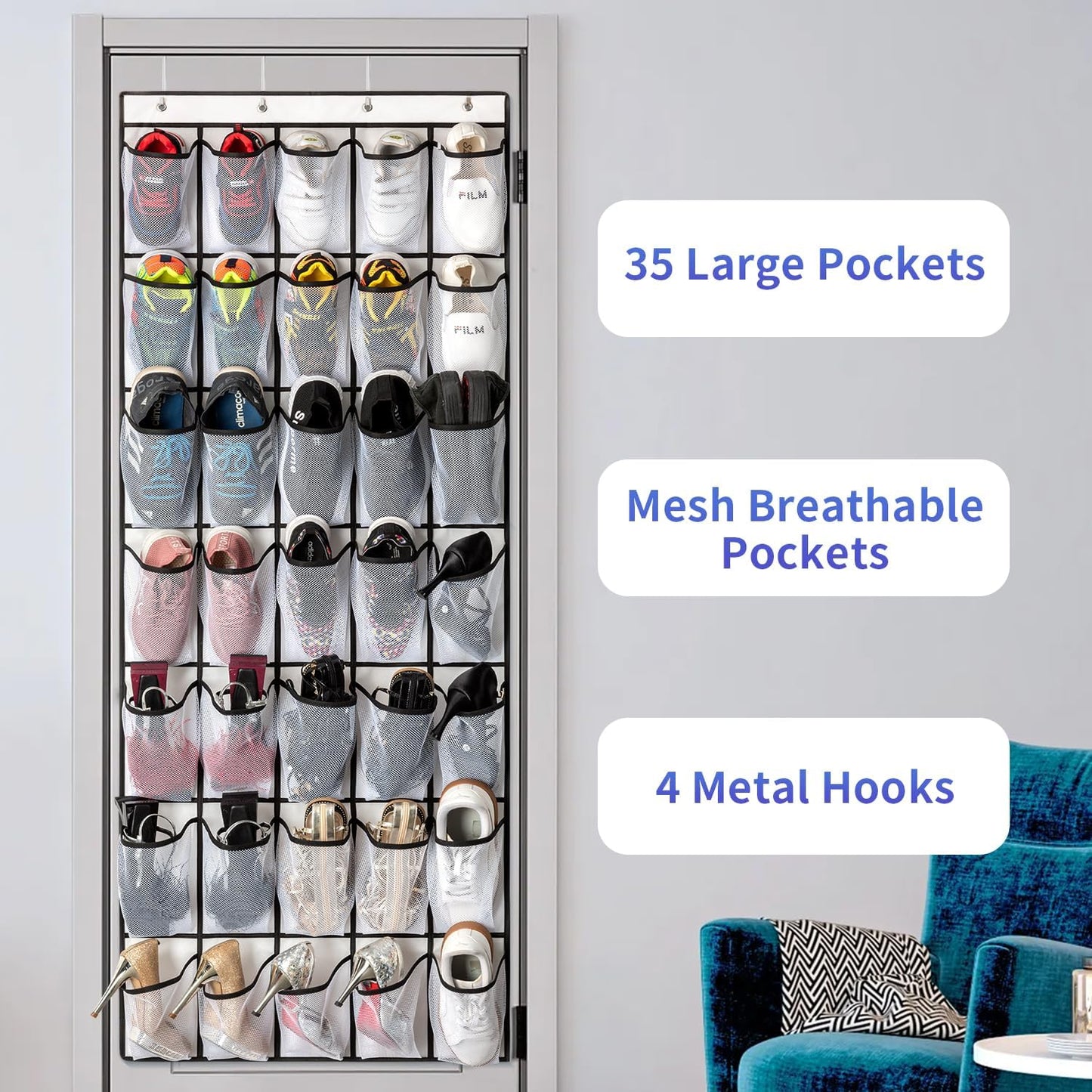 35 Pockets over the Door Shoe Organizer, Hanging Shoe Organizer for Door Large Capacity Shoe Storage Bag with 4 Metal Hooks (White-1Pack)