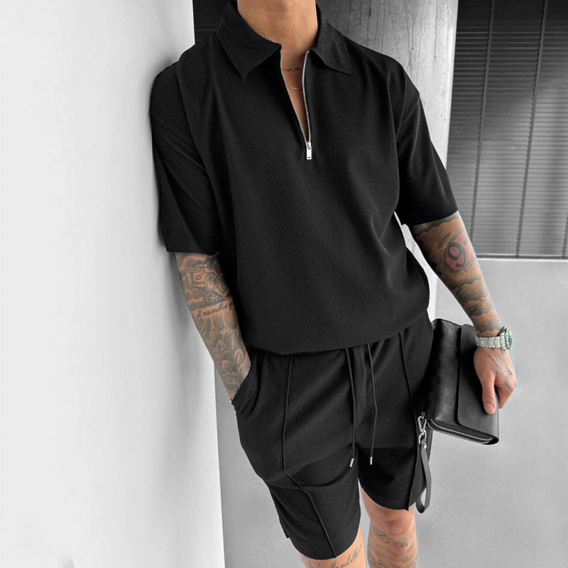 Men's Summer 2-Piece Set – Zipper Polo Shirt & Drawstring Shorts Casual Outfit