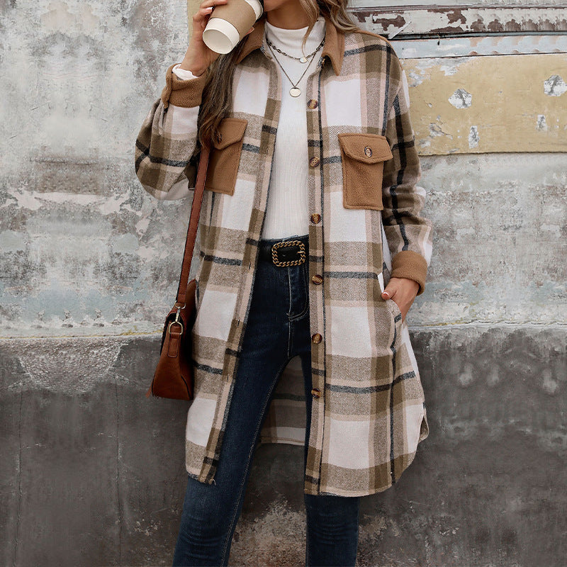 Women's Brushed Plaid Long Winter Coat – Stylish Warm Jacket with Pockets