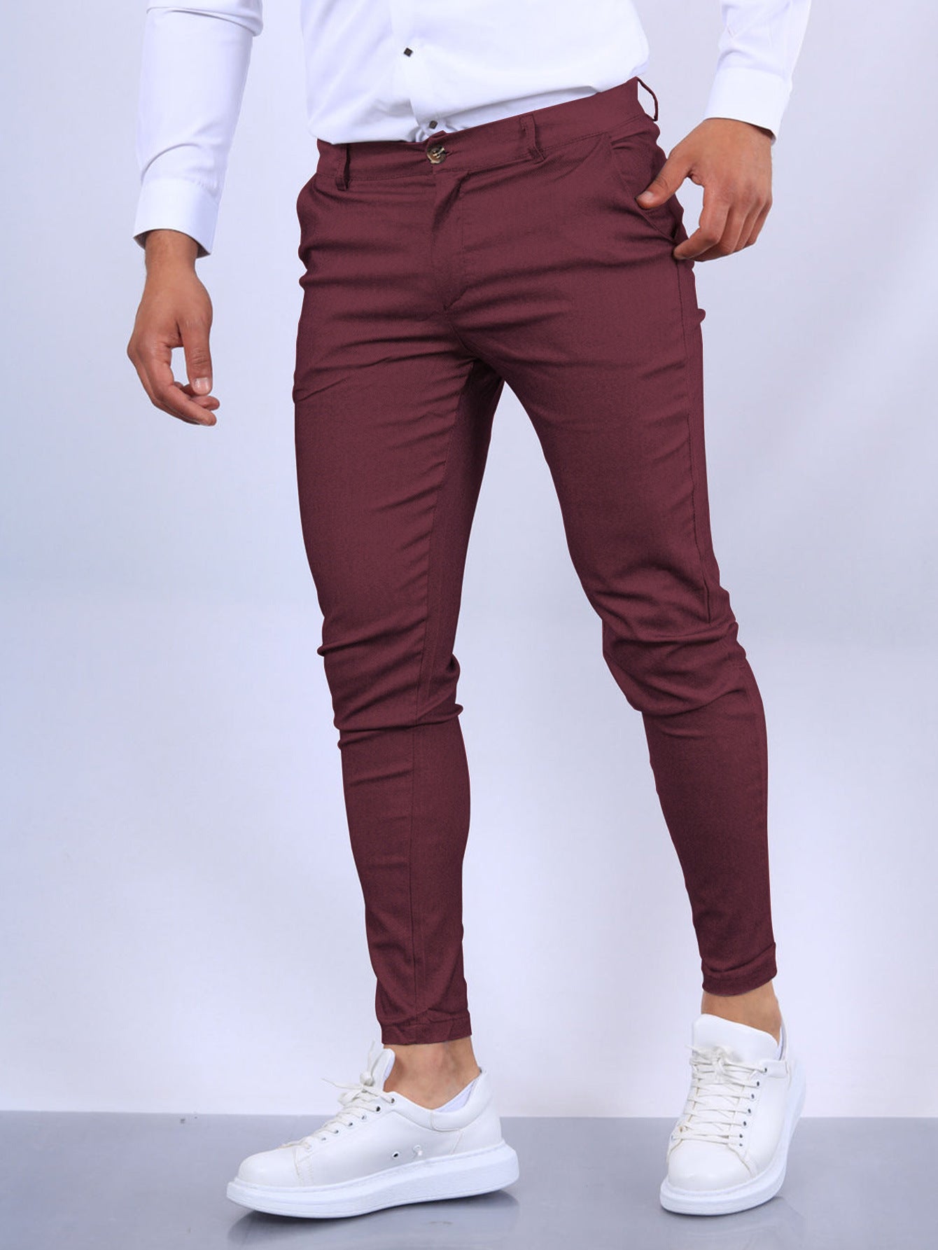Men's Slim Fit Button Trousers – Versatile Solid Color Office & Casual Pencil Pants