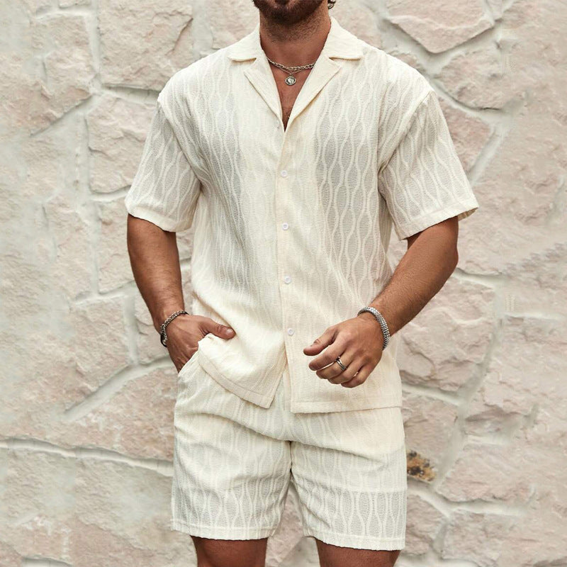 Men's Summer Tracksuit Set – Casual Solid Color Button Shirt & Shorts Outfit for Beach & Holiday Wear